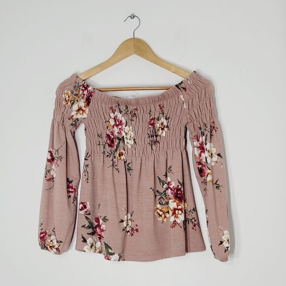 Xhilaration Old Rose Pink Floral Print Long Sleeve Off Shoulder Blouses Size XS - Picture 1 of 12